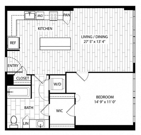 Floor plan for 1 bed, 1 bath, 742 sqft